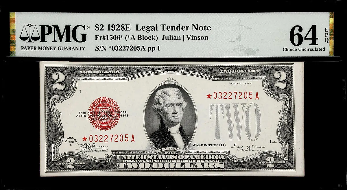 1928E $2 Legal Tender Star Note. PMG Choice Uncirculated 64 EPQ.