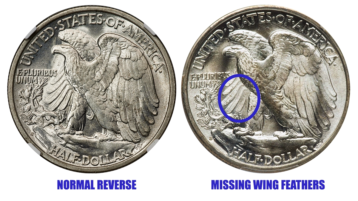 Side-by-side comparison of the standard Walking Liberty Half Dollar Reverse, and the FS-901 Missing Wing Feather reverse. Image: Heritage Auctions / CoinWeek.