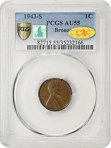 943-S Lincoln Cent. Struck on a Bronze Planchet. AU-55 (PCGS). Gold CAC. CMQ.