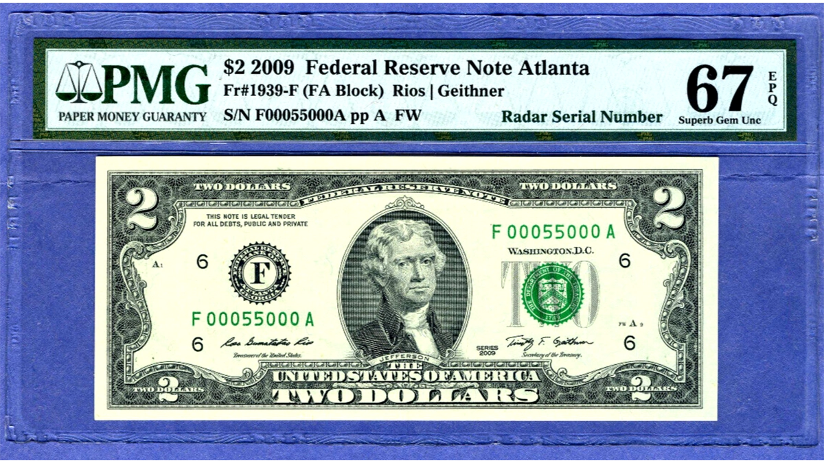 Series 2009 $2 Bill with Radar Binary Serial Number. Image: eBay/ RareStarNotes.