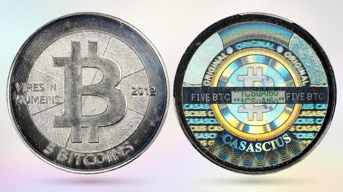 2012 Casascius "Bitnickel" 5 Bitcoin. Loaded. Firstbits 1CSuAt6o. Series 2. Nickel Brass. MS-66 (PCGS). Image: Stack's Bowers/ Adobe Stock.
