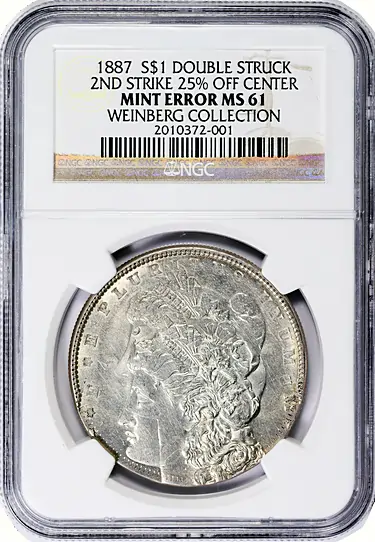 https://www.greatcollections.com/Coin/2033235/Mint-Error-1887-Morgan-Silver-Dollar-Double-Struck-2nd-Strike-25-Off-Center-NGC-MS-61-Ex-Fred-Weinberg
