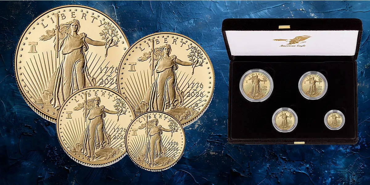 2026-W American Eagle Gold Proof Four-Coin Set with Liberty Bell 250 privy mark celebrating America’s 250th anniversary.