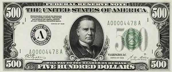 High Denomination Banknotes - 1928 Dark Green Seal $500 Federal Reserve Note