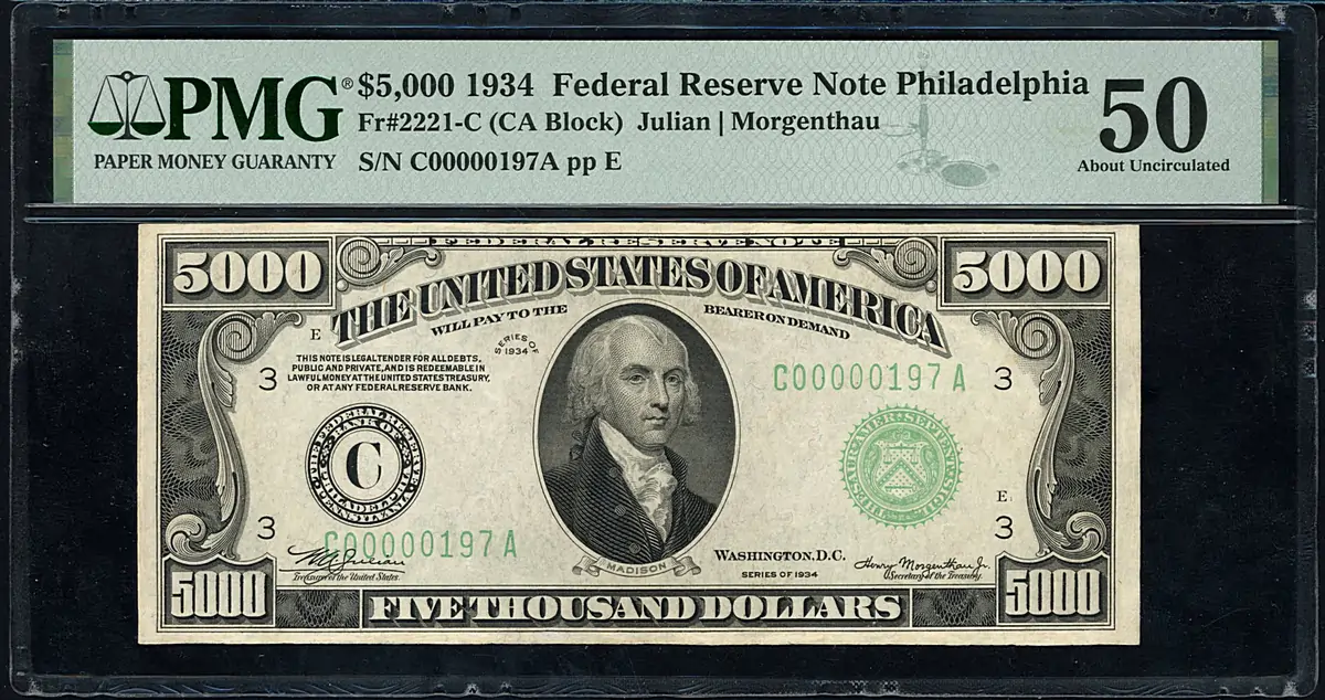 1934 $5,000 Philadelphia Federal Reserve Note