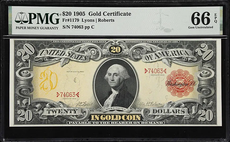 1905 $20 Gold Certificate.