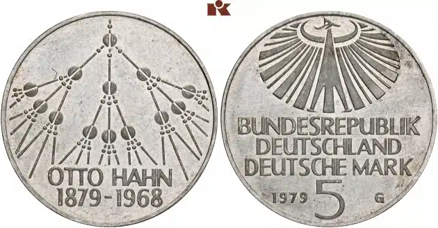 Rare 1979-G Federal Republic of Germany 5 DM honoring Otto Hahn.