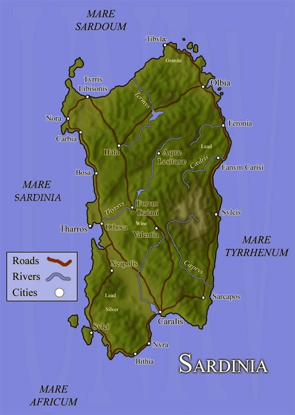 Figure 1: Map of Ancient Roman Sardinia (courtesy of UNRV.com)