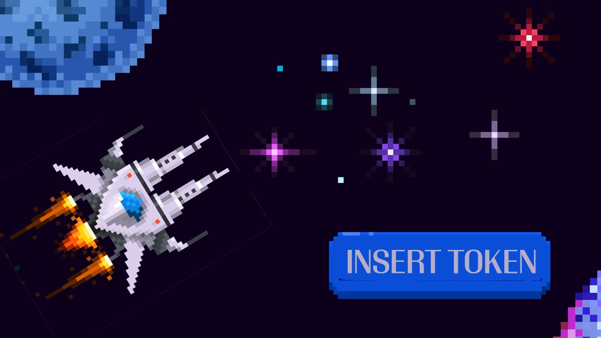 This is a composite stock image mock up of a video game start screen that reads "Insert Token".