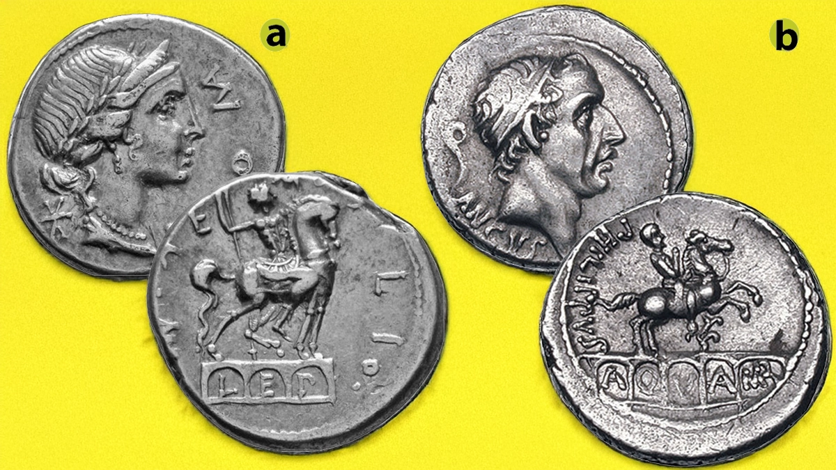 Figure 2: Ancient Roman Republic: a) Manius Aemilius Lepidus - Triumphal Arch Denarius (3.99 g.), 114-113 BCE. Rome mint. Obverse: legend before laureate and diademed head of Roma right, star behind head. Reverse: legend with equestrian statue on triumphal arch with L E P between the arches. Crawford 291/1. b) Marcius Philippus. 56 BCE. Silver denarius (4.04 gm). Diademed head of King Ancus Marcius right, lituus behind. Reverse: Five-arch arcade of the Aqua Marcia, surmounted by equestrian statue right, flower below the horse, RCV 382.