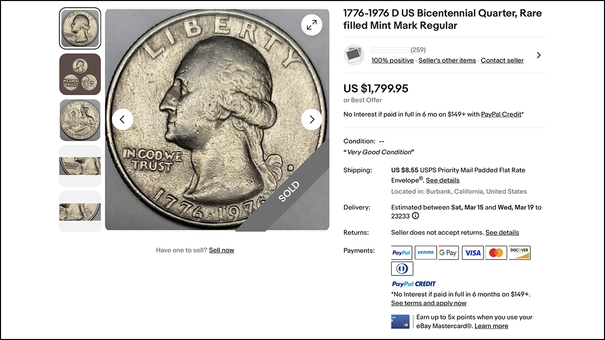 eBay listing for a rare error 1776-1976 Bicentennial Quarter.