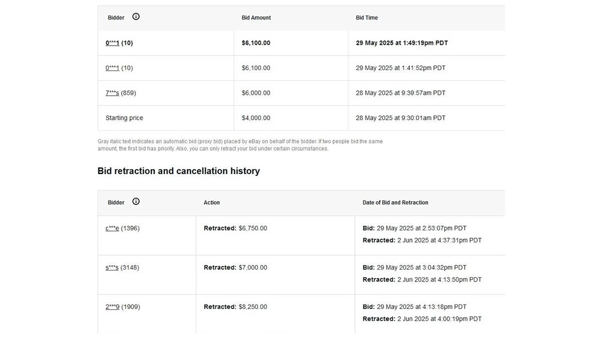 Bid history for the Bay ’16-D showing retractions.
