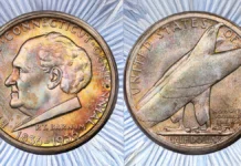 Colorful Bridgeport Commemorative Half Dollar at GreatCollections Is No Typical MS66 This is an image of a 1936 Bridgeport Half Dollar from the Bingham Collection