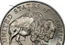 This closeup of the reverse of the 2005-D Speared Bison Nickel shows where a major die break caused a raised line that numismatists have dubbed the Speared Bison. Courtesy of PCGS.