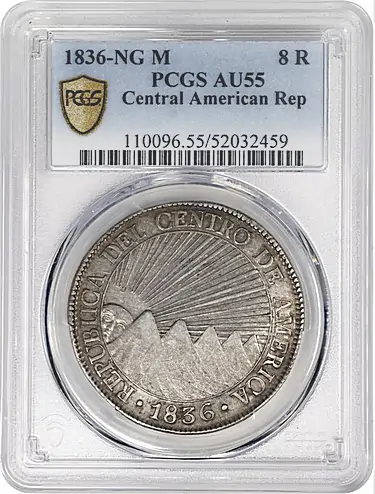 Central American Republic. 8 Reales, 1836-NG M. Nueva Guatemala Mint. PCGS AU-55.
