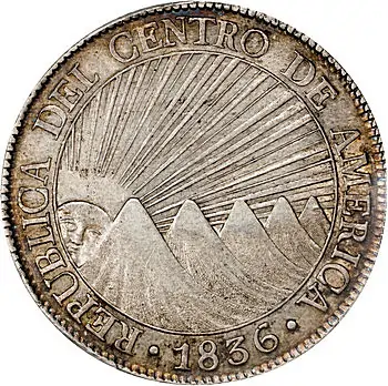 Central American Republic. 8 Reales, 1836-NG M. Nueva Guatemala Mint. PCGS AU-55.