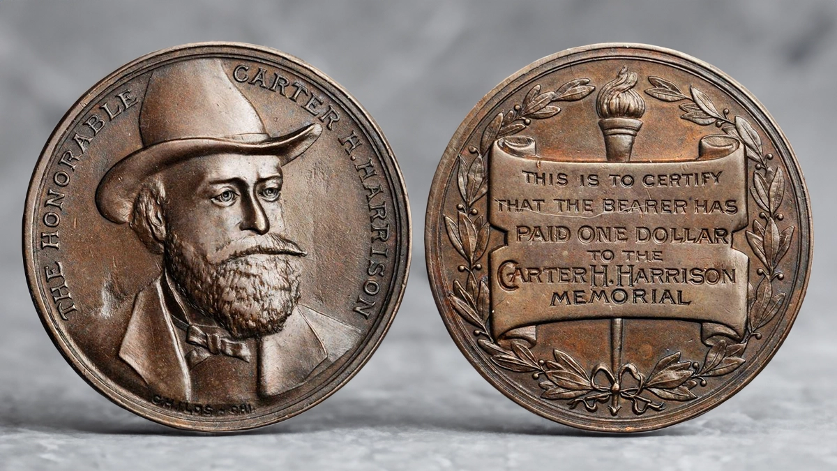(1893) Chester H. Harrison Memorial Statue Medal. HK-765. Image: Stack's Bowers / CoinWeek.