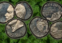 Rare and Intentional Error: The 1973-S Proof Eisenhower Dollar “Cloverleaf” This is an image of a 1973-S Eisenhower Dollar Proof with intentional "Cloverleaf" Error.
