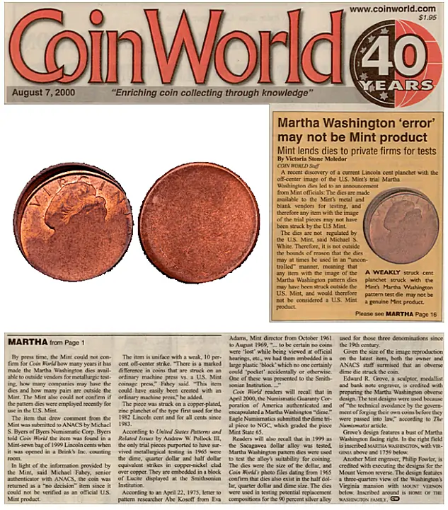 Copyright story reprinted by permission from Page 1 and Page 16 of the August 7, 2000issue of COIN WORLD, Sidney, OH (coinworld.com)