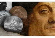 This is an image of Christopher Columbus and coins and medals honoring him.