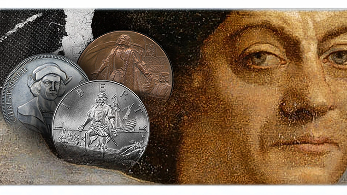 This is an image of Christopher Columbus and coins and medals honoring him.
