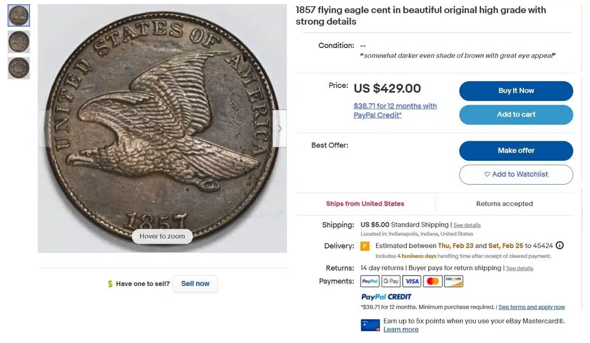 Counterfeit 1857 Flying Eagle cent listed on eBay.