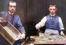 Figure 4. Photo (1898) showing coins being put on a counting board with a scoop, and a manger holding a box of coins fresh from the press room. Image: Library of Congress. Image colorized by CoinWeek.