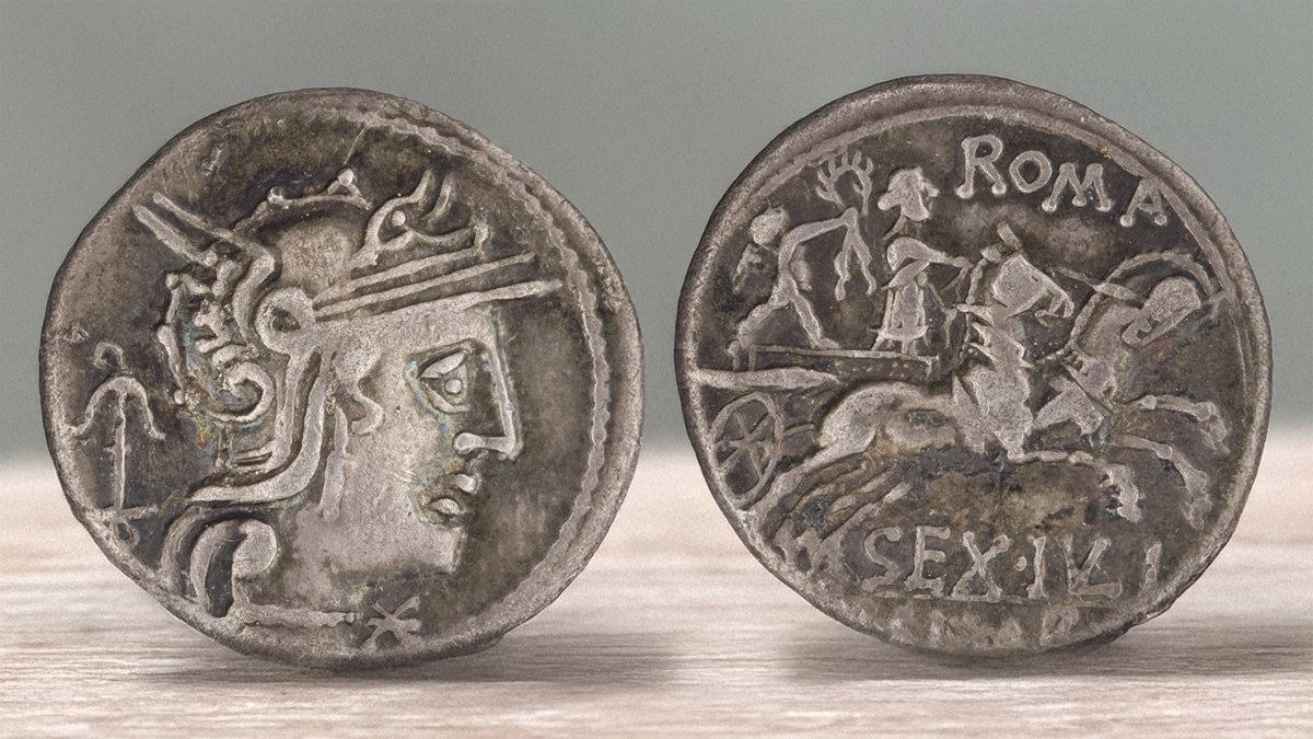 Figure 1. Denarius of Sextus Julius Caesar, 129 BCE. RRC 258/1. ANS 1950.103.6. 