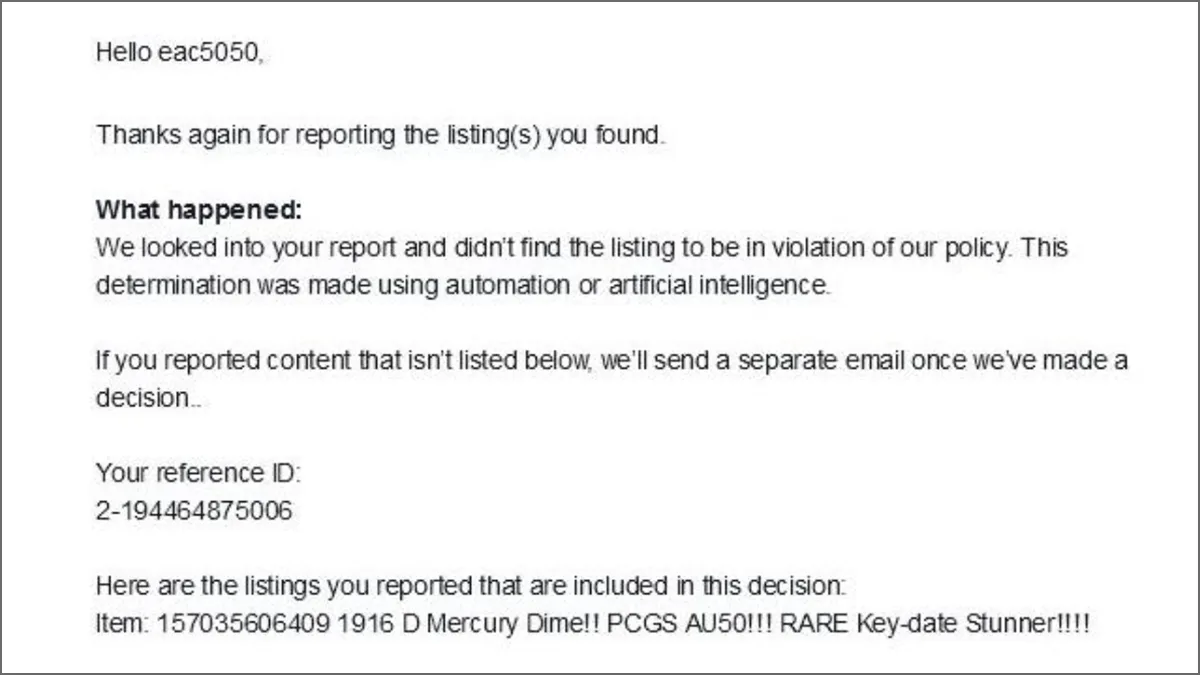 eBay response concerning fake 1916-D Mercury Dime. Screenshot: eBay.