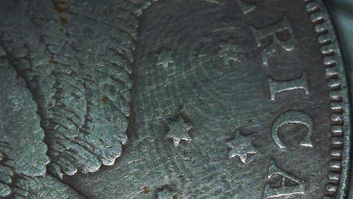 This close up view of a fake 1836 Gobrecht Dollar shows fingerprint-shaped surfaces.