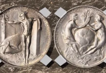 Figure 1. Panama-Pacific International Exposition souvenir medal struck during the exposition. The bronze medals sold for 50-cents, but remainders sold in bulk lots for ten cents each after the event closed. A silver medal is illustrated, above. Image: Heritage Auctions / CoinWeek.