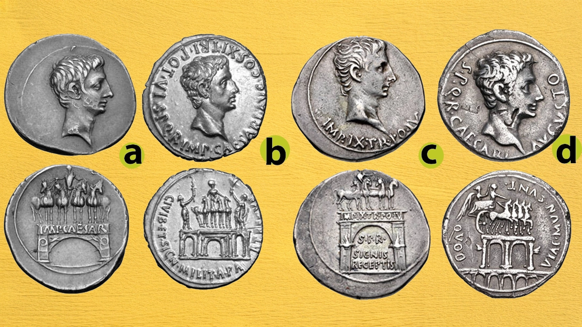 Figure 3: Augustus. 27 BCE-CE 14: a) AR Denarius (3.83 g.), autumn 30 - summer 29, Italy mint. Bare head right. Reverse: Actium triumphal arch with single span surmounted by Octavian in facing triumphal quadriga, RIC I 267; b) AR Denarius (3.76g.), Spanish mint (Colonia Patricia?), July 18-17/16 BC. Bare head right. Reverse: facing quadriga on central part of triumphal arch, figures on left holding a standard and right holding aquila and bow. RIC 134a var. c) AR Cistophorus (11.7 g.) Pergamum mint. Struck 19-18 BC. Bare head right. Reverse: Triumphal arch surmounted by quadriga; aquila on each side wall, RIC 1 2218; and d) AR Denarius (3.72 g.). Uncertain Spanish mint (Colonia Patricia?). Struck 17-16 BC. Bare head right, bare head to left. Reverse: Triumphal arch on viaduct, surmounted by quadriga of horses right and Victory crowning him. RIC 1 144.
