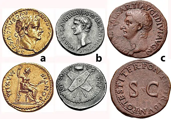 Figure 6: a) Tiberius. AD 14-37. AV Aureus, 7.80 g. "Tribute Penny". Lugdunum mint. Group 3. AD 18. Laureate head right; one ribbon on shoulder / Livia (as Pax) seated right on chair, RIC I 27, b) Nero Claudius Drusus. Died 9 BC. AR Denarius, 3.75 g. Lugdunum mint. Circa AD 41- 45. Laureate head left / Two shields, two pairs of spears, and two trumpets crossed over vexillum. RIC 1 74 (Claudius). c) Drusus. Caesar, AD 19-23. AE As, 11.04 g. Rome mint. Struck under Tiberius, AD 22-23. Bare head of Drusus left / Legend around large SC. RIC 1 45 (Tiberius).