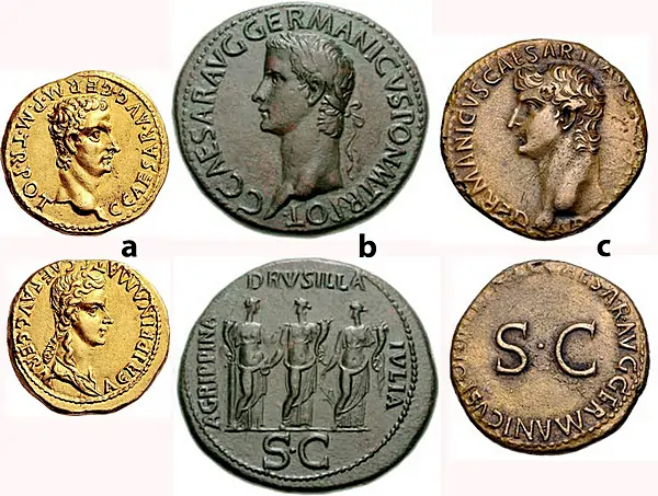 Figure 7: a) Gaius (Caligula), with Agrippina Senior. AD 37-41. AV Aureus, 7.73 g. Lugdunum, 37-38. Bare head of Gaius to right. / Draped bust of Agrippina her hair falling down her neck, RIC7. b) Gaius. 37-41 AD. AE Sestertius, 28.85 g. Rome mint. Struck 37-38 AD., Laureate head left / Gaius' three sisters standing facing: Agrippina as Securitas, Drusilla as Concordia, Julia as Fortuna. RIC I 33. c) Germanicus. Died AD 19. AE As, 10.76 g. Rome mint. Struck under Gaius (Caligula), AD 37-38. Bare head left / Legend around large S • C. RIC 1 35 (Caligula).