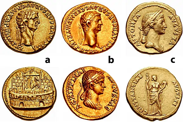 Figure 8: a) Claudius. Struck AD 46/7. AV Aureus, 7.76 g. Laureate head right / Rim of crenulated wall with two arched entries, surmounted by distyle structure with Claudius within, RIC 25. b) Claudius, with Agrippina Junior. AD 41-54. AV Aureus, 7.66 g. Lugdunum mint. Struck AD 50-51. Head of Claudius right / Draped bust of Agrippina right, wearing wreath of grain ears and hair in long plait taken up. RIC 80. c) Antonia Minor. Augusta, AD 37 and 41. AV Aureus, 7.82 g. Lugdunum mint. Struck under Claudius, AD 41-42. Draped bust right, wearing grain ear wreath / Antonia, as Constanta, standing facing, holding long torch and cornucopia. RIC 65.