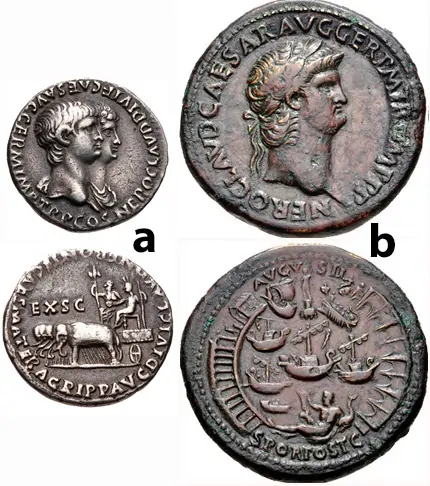 Figure 9: Nero. AD 54-68. a) with Agrippina Junior. AD 54-68. AR Denarius, 3.4 g. Rome mint. Struck circa January-November AD 55,jugate draped busts of Nero and Agrippina right / Divi Augustus and Claudius driving quadriga of elephants left; RIC I 7: b) AE Sestertius, 28.76 g. Rome mint. Struck circa AD 64. laureate head right / Port of Ostia, RIC I 178.