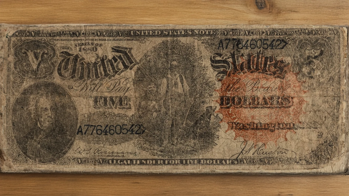 Fig. 1: 1880 contemporary counterfeit five-dollar bill. ANS 2024.37.1.