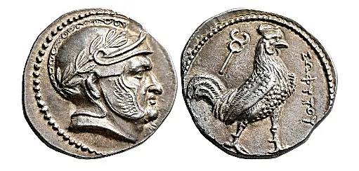 BAKTRIA,. Sophytos, circa 270s or 240s-230s BC. Didrachm (Silver, 22 mm, 7.87 g,), uncertain mint in the Oxus region. Male head to right,wearing laureate and crested Attic helmet, cheek guards lowered and decorated with wings; on neck truncation, M. Rev. ΣΩΦYΤΟΥ Rooster standing right; above, kerykeion.Very rare. Leu Numismatik Auction 15 1 June 2024 Lot: 176 realized: approx. $11,064