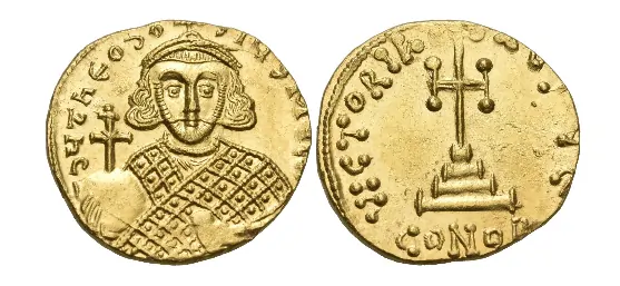 Theodosius III of Adramytium, 715-717. Solidus (Gold, 19 mm, 4.41 g, 6 h), Constantinople, ϵ = 5th officina. d Ⴗ ThEOdO-SIUS MUL A Crowned and diademed bust of Theodosius facing, wearing loros and holding a patriarchal cross crosslet on globus in his right hand and an akakia in his left. Rev. VICTOR AVSႷ ϵ / CONOB Cross potent on base and three steps. DOC 1b.1. Füeg 1.A.5. Cf. MIB 1 and SB 1487. Very rare.