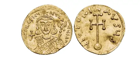 Philippicus (Bardanes), 711-713. Semissis (Gold, 18 mm, 2.17 g, 6 h), Constantinople. D N FILEPICЧS MЧL-TЧS AN Crowned bust of Philippicus facing, wearing loros, holding globus cruciger in right hand and eagle-tipped scepter with cross above in left. Rev. VICTORIA AVSЧS Cross potent on globe. DOC 5. MIB 5. SB 1451. Extremely rare.