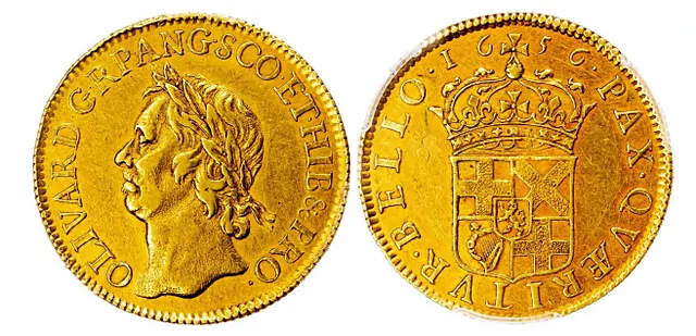 Twenty-shilling piece features Cromwell’s laureate portrait.