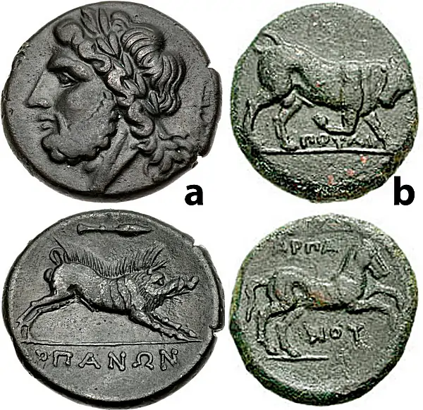 Figure 3: Arpi, Apulia: a) Circa 325-275 BCE, AE 22mm, 7.53 g. Laureate head of Zeus left; thunderbolt to right / ARPANWN Boar standing right; above, spearhead right. HN Italy 642; b) Circa 275-250 BCE. AE 22mm, 8.10 g. Bull butting right; POULLI, magistrate, below / Horse galloping right, HN Italy 645.