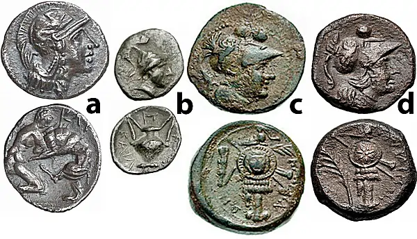Figure 4: Kailia, Apulia: a) 325-275 BCE, AR diobol, 1.3 g., Helmeted head of Athena right / Herakles kneeling right, strangling lion, club behind, HN Italy 757; b) Circa 250-225 BCE. AR Obol, 0.52 g. Male head right, wearing crested conical helmet / Amphora; P above, SNG ANS 666; c) Circa 206-195 BCE. A Sextant, 4.97 g. Head of Athena right, wearing crested Corinthian helmet, two pellets above / KAIL-IN-WN, trophy of arms on which is a large round shield, SNG ANS 670-671; d) Circa 206-195 BCE. A Uncia, 2.54 g. Helmeted head of Athena right; pellet(mark of value) above / Trophy; palm frond to left, HN Italy 765