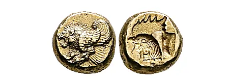 LESBOS. Mytilene. Circa 521-478 BC. Hekte (Electrum, 10 mm, 2.54 g, 12 h). Forepart of a winged lion toleft. Rev. Incuse head of a rooster to left; in field to right, rectangular punch. Bodenstedt 9.1. HGC 6, 933. A boldly struck and nicely centered example with a wonderful reverse. Leu Numismatik Auction 17 31 May 2025 Lot: 185 realized: approx. $2,678