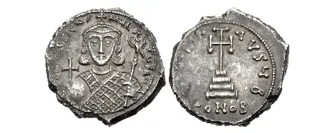 Philippicus (Bardanes). 711-713. AR Hexagram (23mm, 6.63 g, 6h). Constantinople mint, 2nd officina. d N FILЄPICЧS MЧL TЧS AN, crowned facing bust, wearing loros, holding globus cruciger and eagle-tipped scepter surmounted by cross / VICTORIA AVςV, cross potent on three steps; B//CONOB. DOC 8 and note, MIB 20; SB 1454. Toned, a few light scratches, weakly struck at periphery. Good VF. Extremely rare