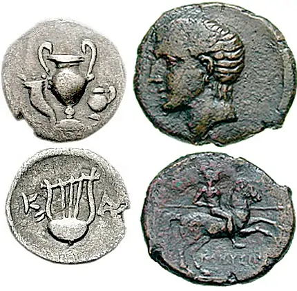 Figure 5: Kanousion, Apulia: a) Circa 300-250 BC. AR Obol, 0.50 g. Amphora; cornucopia to left, oinochoe to right / K-A Kithara. HN Italy 5/; b) 250-225 BCE, AR Obol, 6.86 g. Bare male head left / KANUSINWN, nude (?) warrior on horseback right, holding long spear pointed forwards, SNG ANS 694