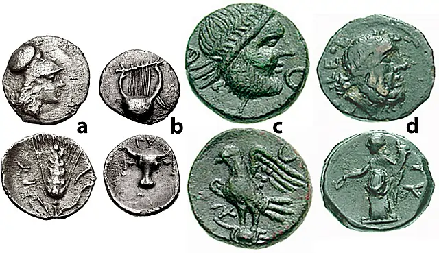 Figure 6: Rubi, Apulia: a) Circa 325-275 BCE. AR Trihemiobol, 0.77 g. Helmeted head of Athena right / Grain ear; cornucopia to right. HN Italy 807; b) Circa 325-275 BCE. AR Obol, 0.38 g. Kithara / Facing head of bull, fillets hanging from horns. HN Italy 811; c) Circa 300-225 BCE. AE Obol, 5.03 g. Laureate head of Zeus right, crescent before / PY monogram left, eagle standing left on thunderbolt; crescent right, SNG ANS 724; d) Circa 300-225 BC. AE 15mm, 2.45 g. Laureate head of Zeus right / PY Tyche standing left. SNG ANS 728-/30.