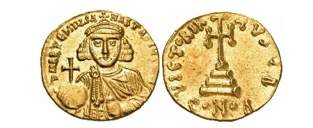 Anastasius II Artemius, 713-715. Solidus (Gold, 19 mm, 4.45 g, 6 h), Constantinople, B = 2nd officina. d N APTEMIUS A-NASTASIUS MUL Crowned and diademed bust of Anastasius facing, wearing chlamys and holding a globus cruciger in his right hand and an akakia in his left. Rev. VICTOR AVSႷ B / CONOB Cross potent on base and three steps. DOC 2b. Füeg 2.B. MIB 2. SB 1463.