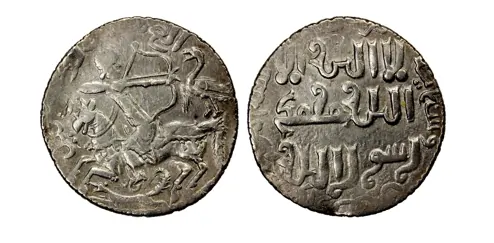 MONGOLS: Töregene, 1241-1246, AR dirham (2.86g), Tiflis (Tbilisi), AH642,, Bennett-235, horseman right, turned back and shooting arrow at bird, ulugh mughul ulush bik above ("chief of the great Mongol nation"), hare below, mint & date fully legible,Estimate: $800-1,000