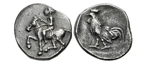 TROAS, Dardanos. Circa 405-360 BC. AR Obol (9.5mm, 0.65 g, 8h). Chian standard. Horseman riding left /Cock standing left within incuse square.. Good VF. Classical Numismatic Group Electronic Auction 585 16 April 2025 Lot: 114 realized: $275